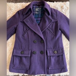 American Eagle Navy Wool Blend Double Breasted Pea Coat Flannel Lining Medium